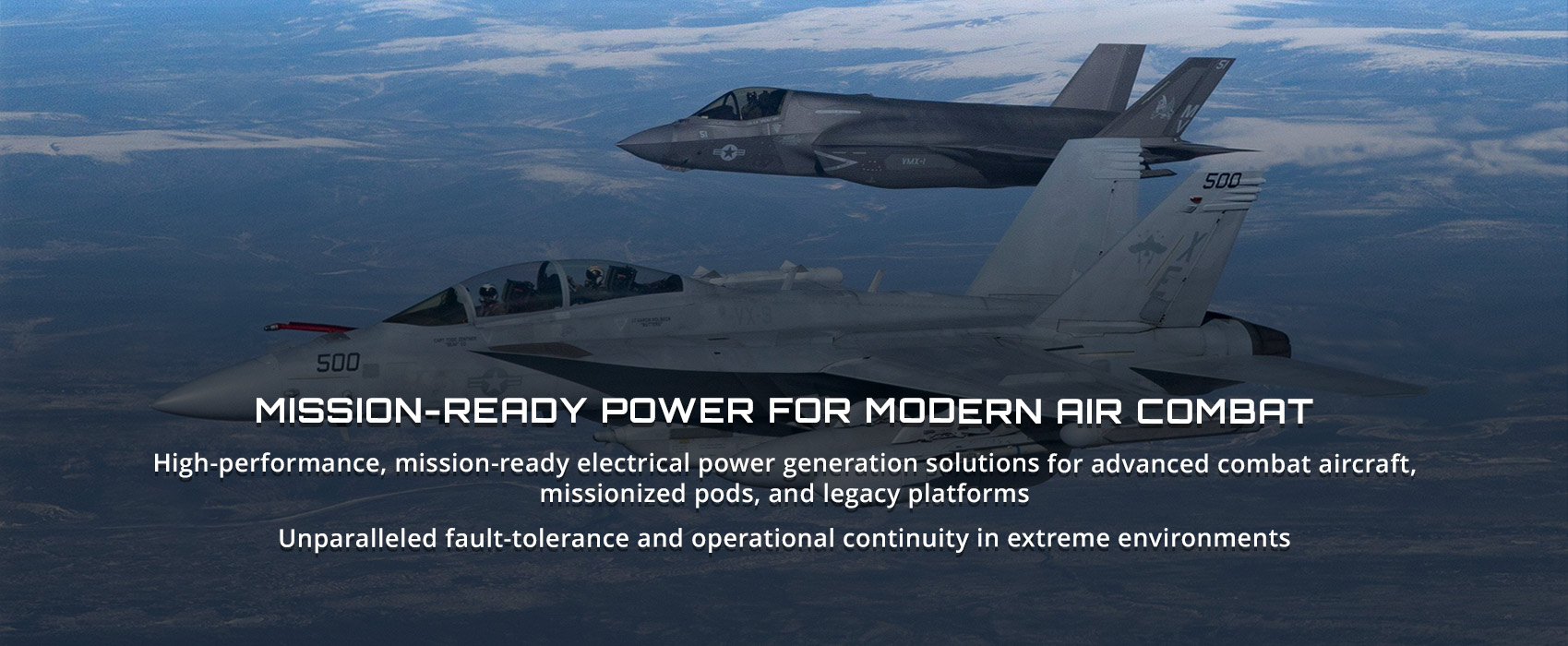 Close up of two fighter jets in blue sky, dotted with clouds.